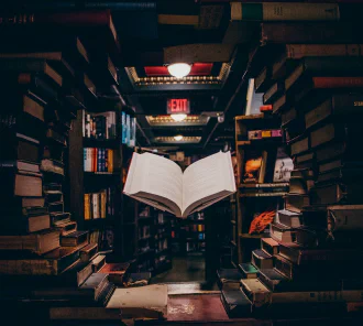 A levitating book seen through an opening in a wall of books