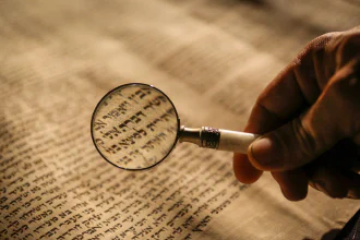 magnifiying glass over old scripture